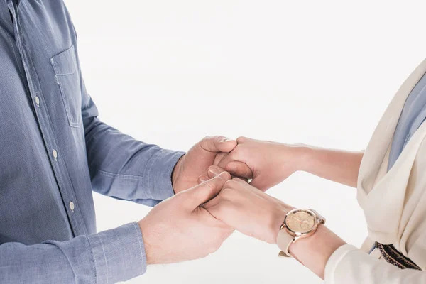 Cropped Shot Wife Husband Holding Hands Together Isolated White — Stock Photo, Image