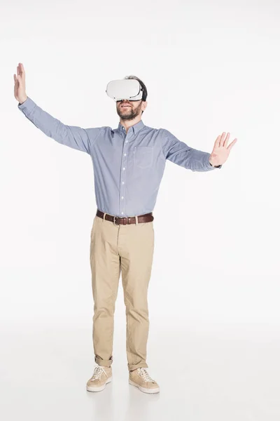 Bearded Man Virtual Reality Headset Outstretched Arms Isolated White — Stock Photo, Image