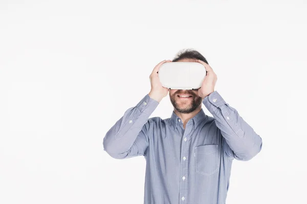 Smiling Bearded Man Virtual Reality Headset Isolated White — Stock Photo, Image