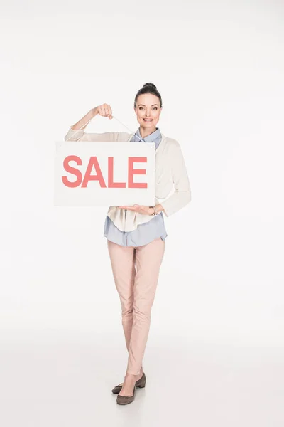 Smiling Woman Showing Sale Sign Hands Isolated White — Stock Photo, Image
