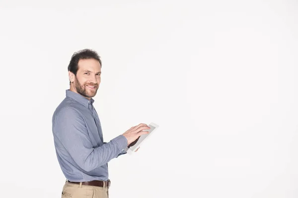 Side View Smiling Man Digital Tablet Isolated White — Stock Photo, Image