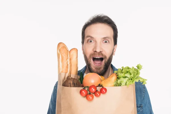 Portrait Excited Bearded Man Paper Package Full Food Isolated White — Free Stock Photo