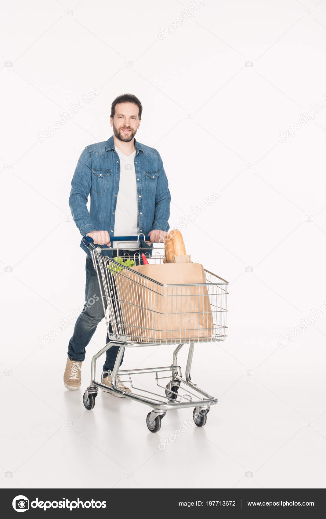 Smiling Man Shopping Cart Full Paper Packages Grocery Isolated White Stock  Photo by ©IgorVetushko 197713672