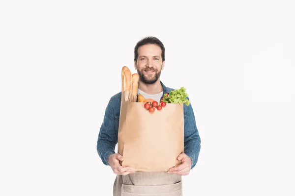 Portrait Bearded Man Apron Paper Package Grocery Isolated White — Stock Photo, Image