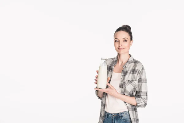 Portrait Attractive Woman Holding Glass Bottle Milk Isolated White — Stock Photo, Image