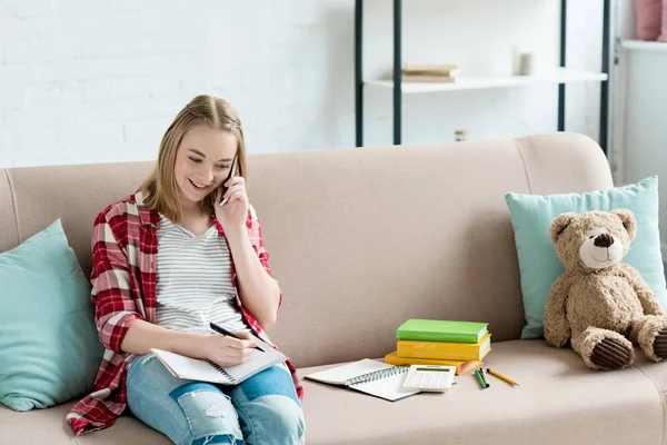 Teen Student Girl Doing Homework Couch Talking Phone — Stock Photo, Image