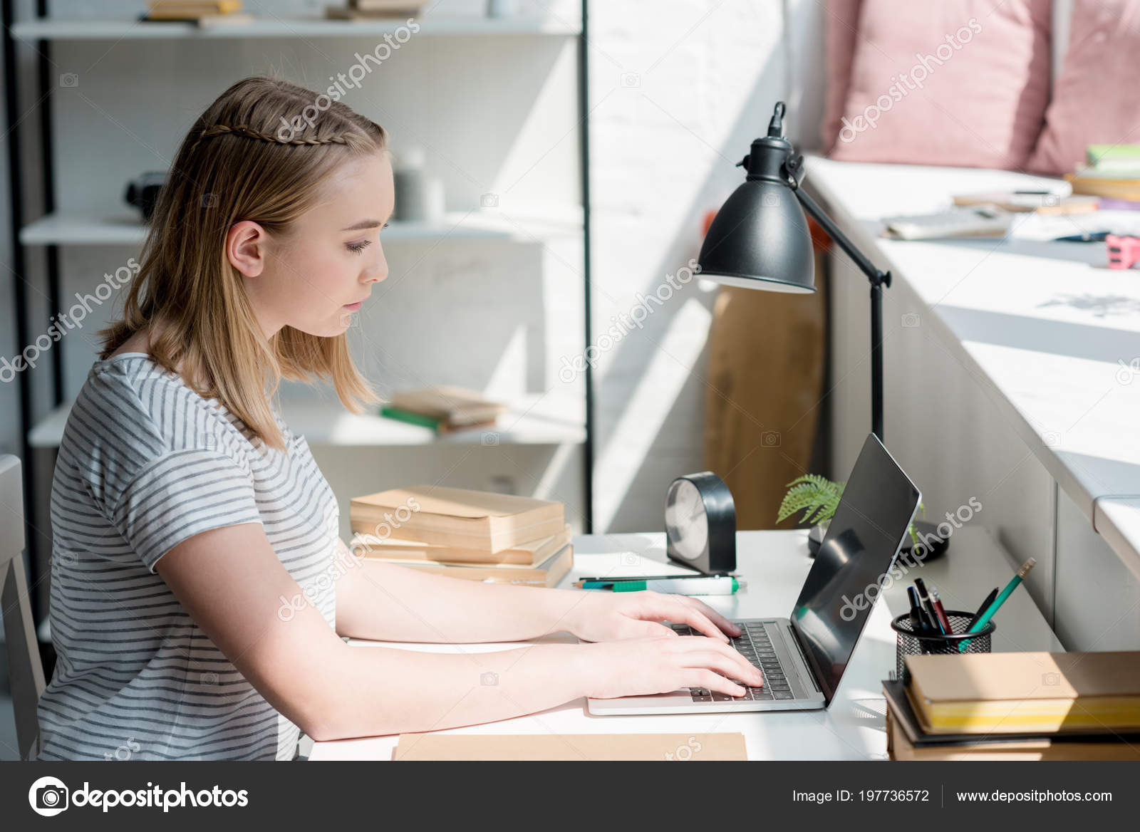 Teen Student Girl Working Laptop Home Stock Photo C Igorvetushko