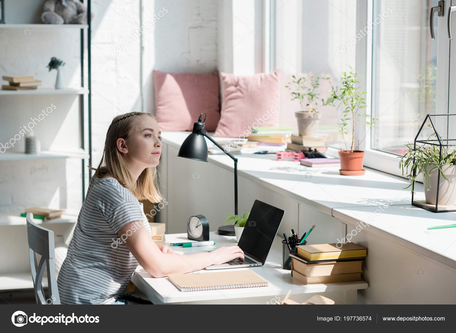 Thoughtful Teen Student Girl Sitting Work Desk Home Stock Photo