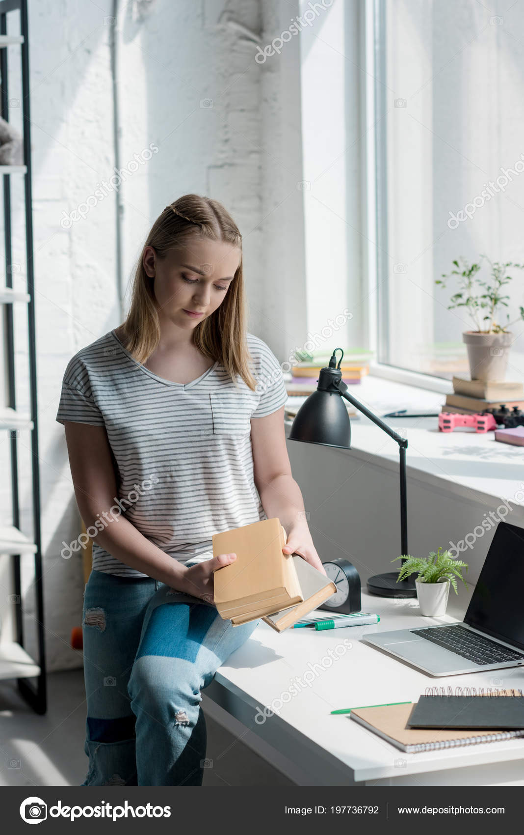 Teen Student Girl Books Sitting Work Desk Home Stock Photo