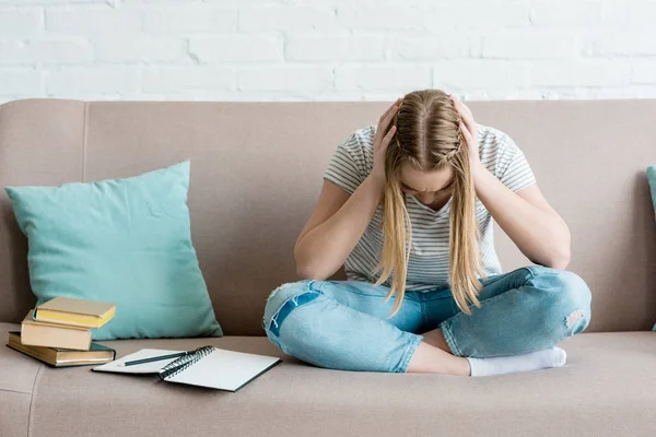 Depressed Teen Girl Sitting Couch Books Holding Head — Stock Photo, Image