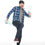 Angry screaming man in headband holding paint rollers isolated on white background