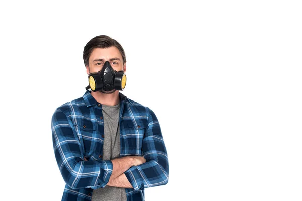 Man Respirator Crossed Hands Isolated White Background — Free Stock Photo
