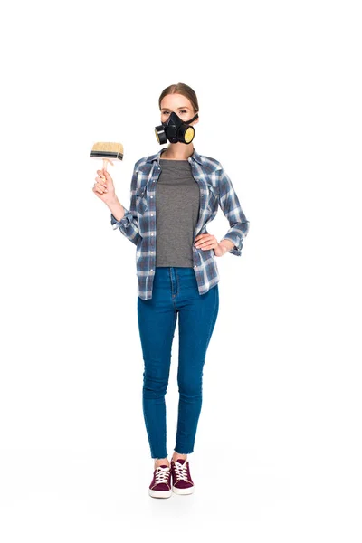Woman Respirator Holding Paint Brush Isolated White Background — Free Stock Photo