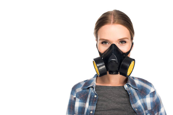 portrait of woman in respirator isolated on white background 