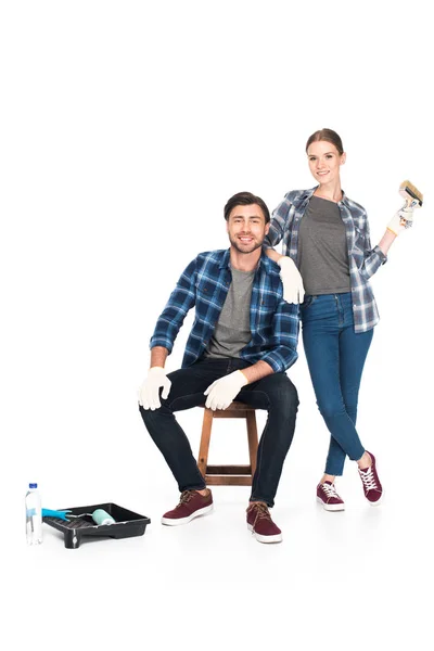 Young Couple Protective Gloves Paint Brush Roller Tray Paint Roller — Stock Photo, Image