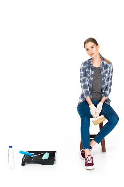 Young Woman Sitting Chair Paint Brush Bottle Roller Tray Paint — Stock Photo, Image