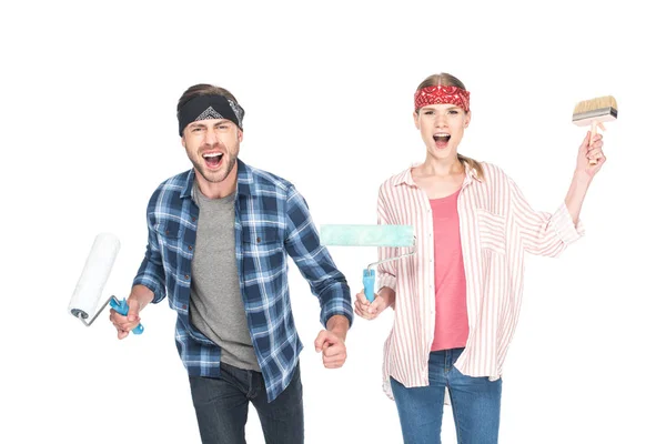 Happy Screaming Couple Headbands Paint Rollers Paint Brush Isolated White — Stock Photo, Image