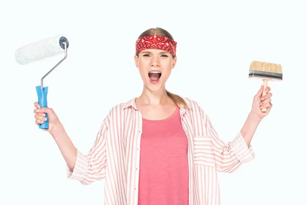 Screaming Woman Headband Holding Paint Roller Paint Brush Isolated White — Free Stock Photo