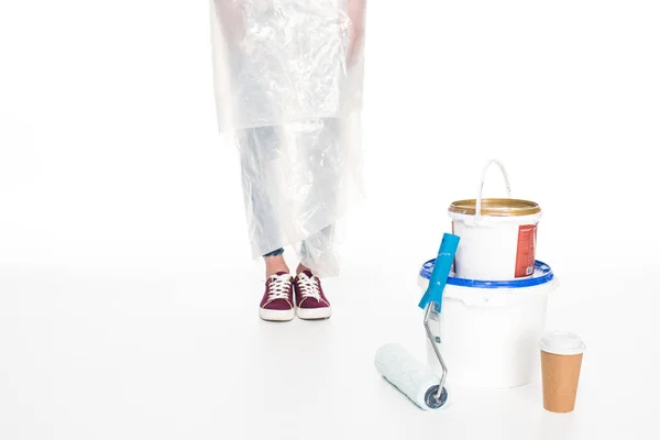 Cropped Image Woman Polyethylene Cover Standing Paint Tins Paint Roller — Free Stock Photo