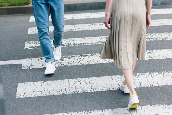 Cropped Image Stylish Man Jeans Woman Long Skirt Walking Crosswalk — Stock Photo, Image