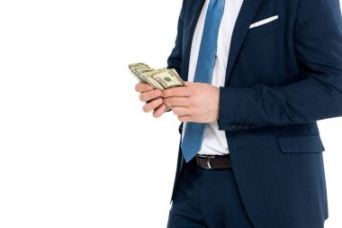 formal giyim üzerine beyaz izole doları banknot sayma işadamı kırpılmış atış