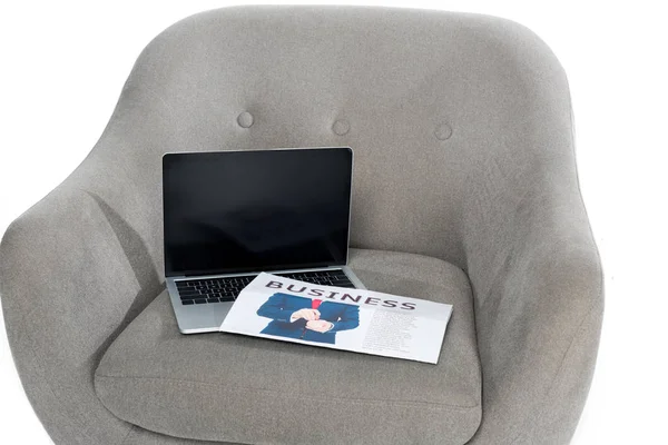 Laptop Blank Screen Business Newspaper Grey Armchair — Free Stock Photo
