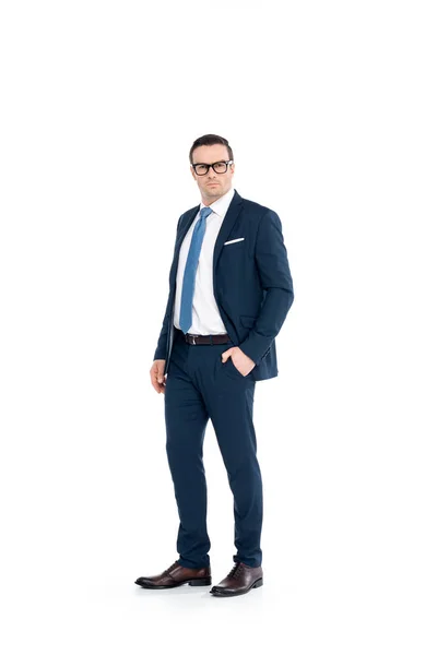 Full Length View Confident Businessman Eyeglasses Suit Standing Hand Pocket — Stock Photo, Image