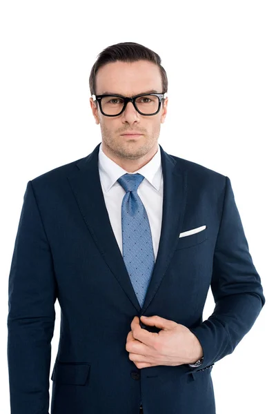 Handsome Buisnessman Eyeglasses Suit Looking Camera Isolated White — Stock Photo, Image