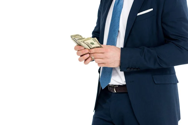 Colpo Ritagliato Uomo Affari Abbigliamento Formale Contando Banconote Dollari Isolato — Foto Stock