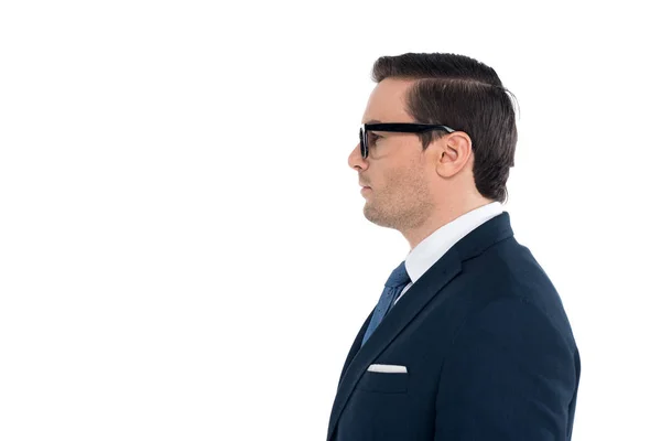 Side View Businessman Suit Eyeglasses Standing Looking Away Isolated White — Stock Photo, Image
