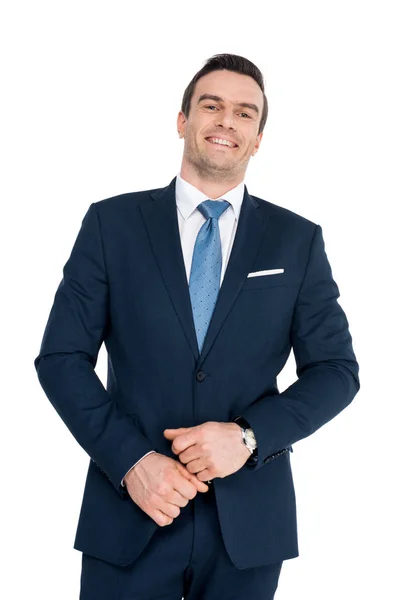 Portrait Handsome Middle Aged Businessman Smiling Camera Isolated White — Stock Photo, Image