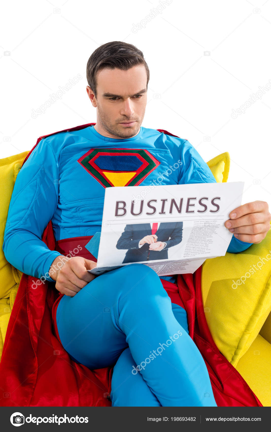 Serious Male Superhero Sitting Couch Reading Business Newspaper Isolated White Stock Photo Image By C Igorvetushko