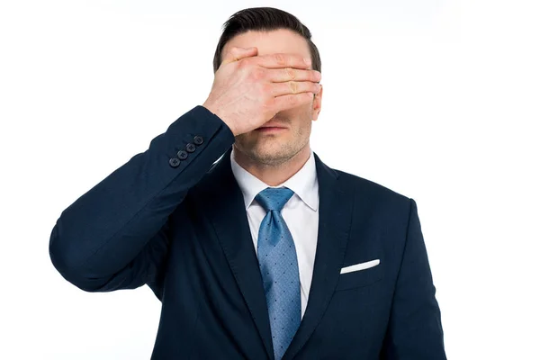 Middle Aged Businessman Formal Wear Closing Eyes Hand Isolated White — Stock Photo, Image