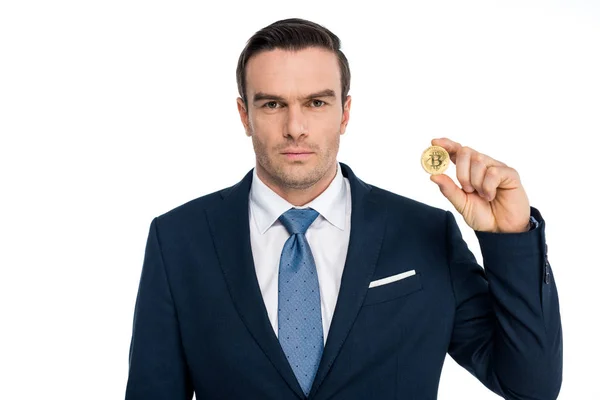 Businessman Holding Bitcoin Looking Camera Isolated White — Stock Photo, Image