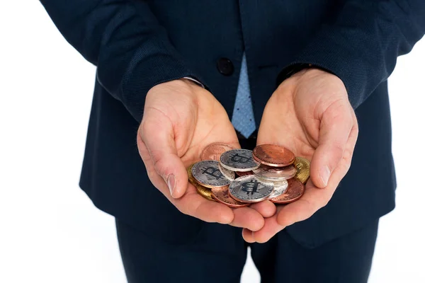 Close Partial View Businessman Holding Bitcoins Isolated White — Stock Photo, Image