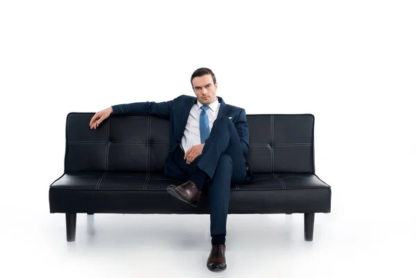 Confident Middle Aged Businessman Sitting Couch Looking Camera White — Stock Photo, Image