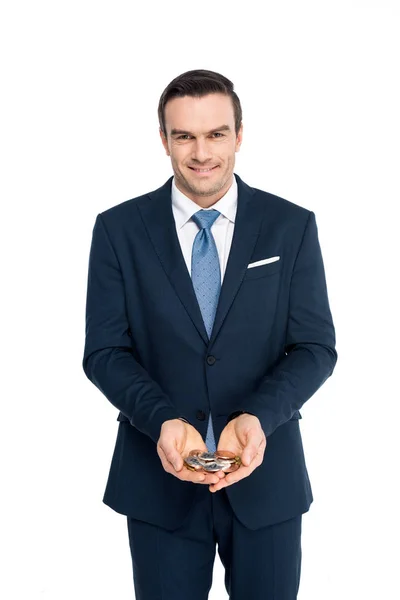 Businessman Holding Bitcoins Smiling Camera Isolated White — Stock Photo, Image