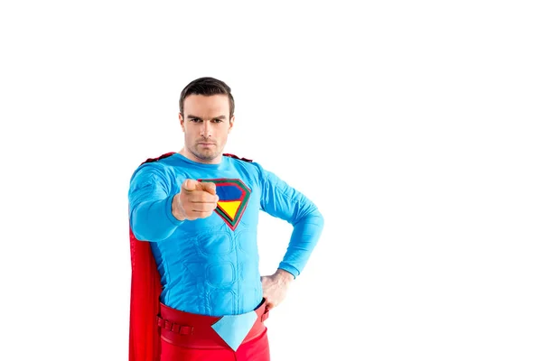 Confident Male Superhero Standing Hand Waist Pointing Camera Isolated White — Stock Photo, Image