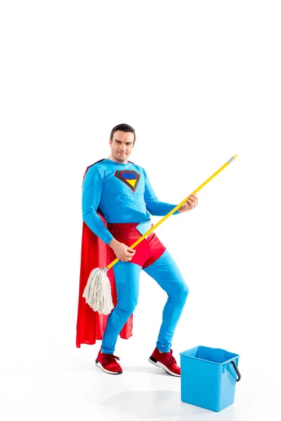 Handsome Superhero Having Fun Mop Smiling Camera White — Stock Photo, Image