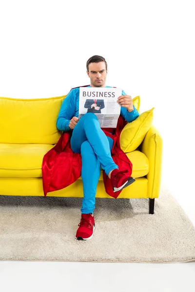 Full Length View Serious Male Superhero Sitting Couch Reading Business — Stock Photo, Image