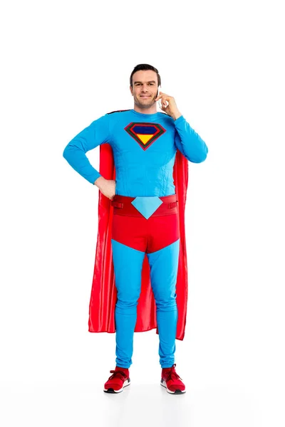 Full Length View Handsome Male Superhero Talking Smartphone Smiling Camera — Stock Photo, Image