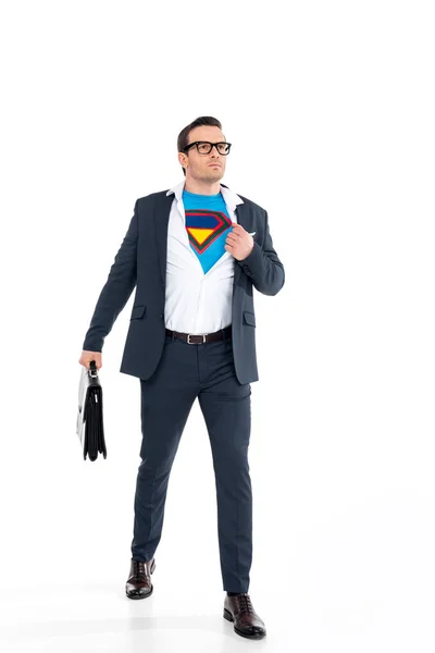 Confident Businessman Eyeglasses Holding Briefcase Wearing Superhero Costume Suit Isolated — Stock Photo, Image