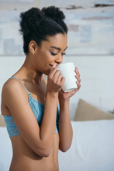 Happy African American Girl Drinking Coffee Bedroom Morning — Stock Photo, Image