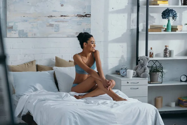 Cheerful African American Girl Underwear Sitting Bedroom Morning — Stock Photo, Image