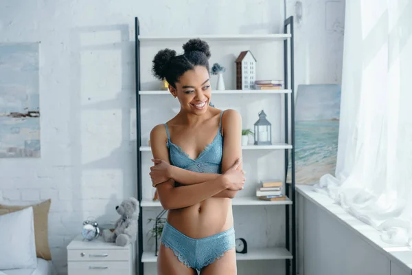 Cheerful Young African American Woman Lingerie Standing Bedroom — Stock Photo, Image