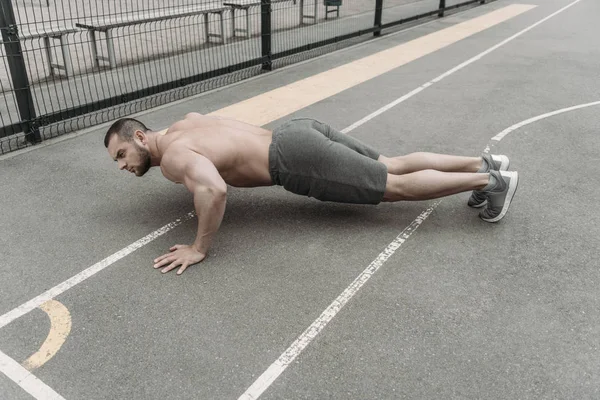 Handsome Shirtless Man Doing Push Sports Ground — Stock Photo, Image