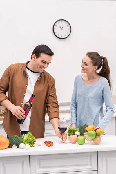 Happy Adult Couple Red Wine Cooking Together Kitchen — Free Stock Photo