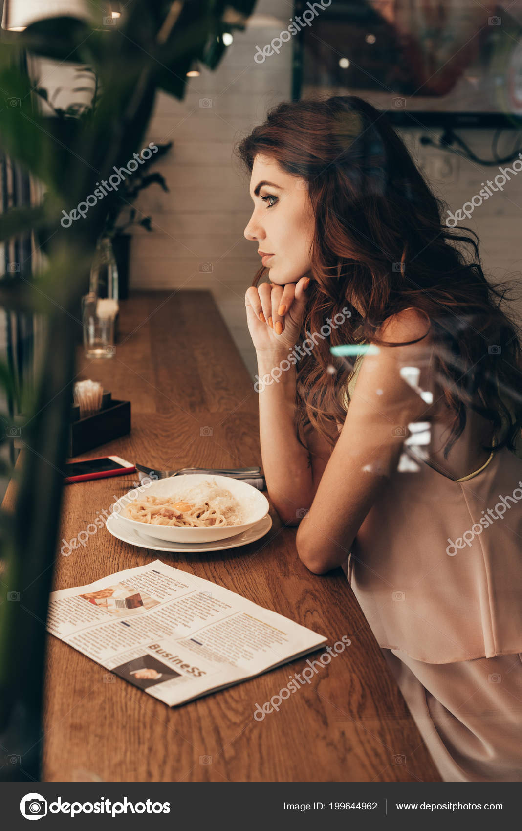 Side View Thoughtful Woman Sitting Table Cafe — Stock Photo ...
