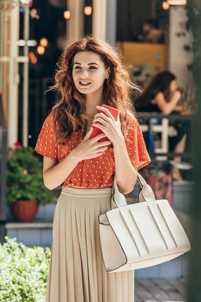 Portrait Young Woman Stylish Clothing Smartphone Bag Street — Stock Photo, Image