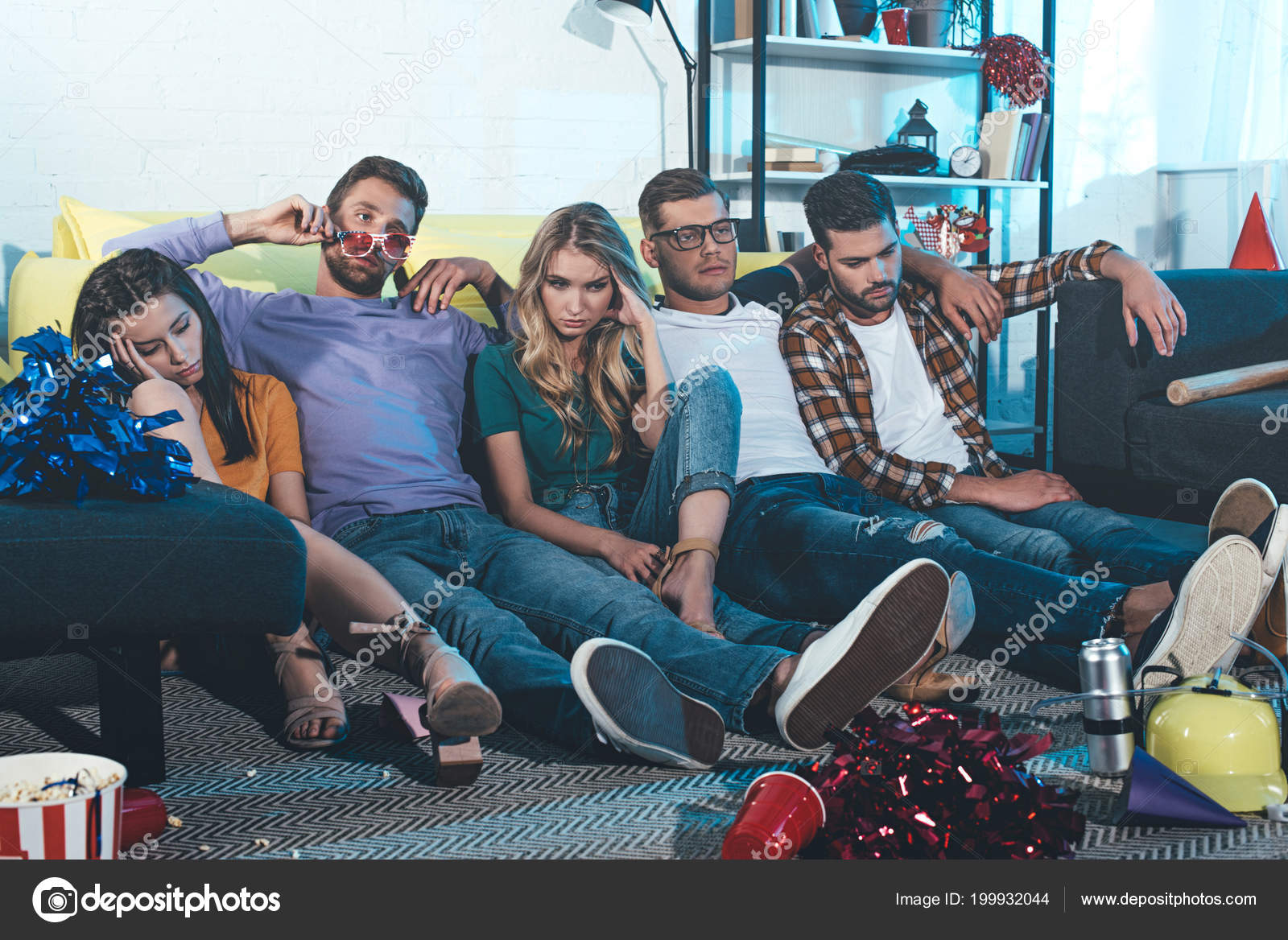 Drunk Young People Sitting Floor Home Party Stock Photo